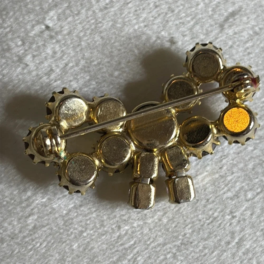 Vintage Aurora Borealis Bow Colorful Brooch Pin Gold Tone